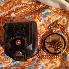 Wolf Theme Full Hunter Pocket Watch w/ Chain - Quartz - Yellow Gold Tone