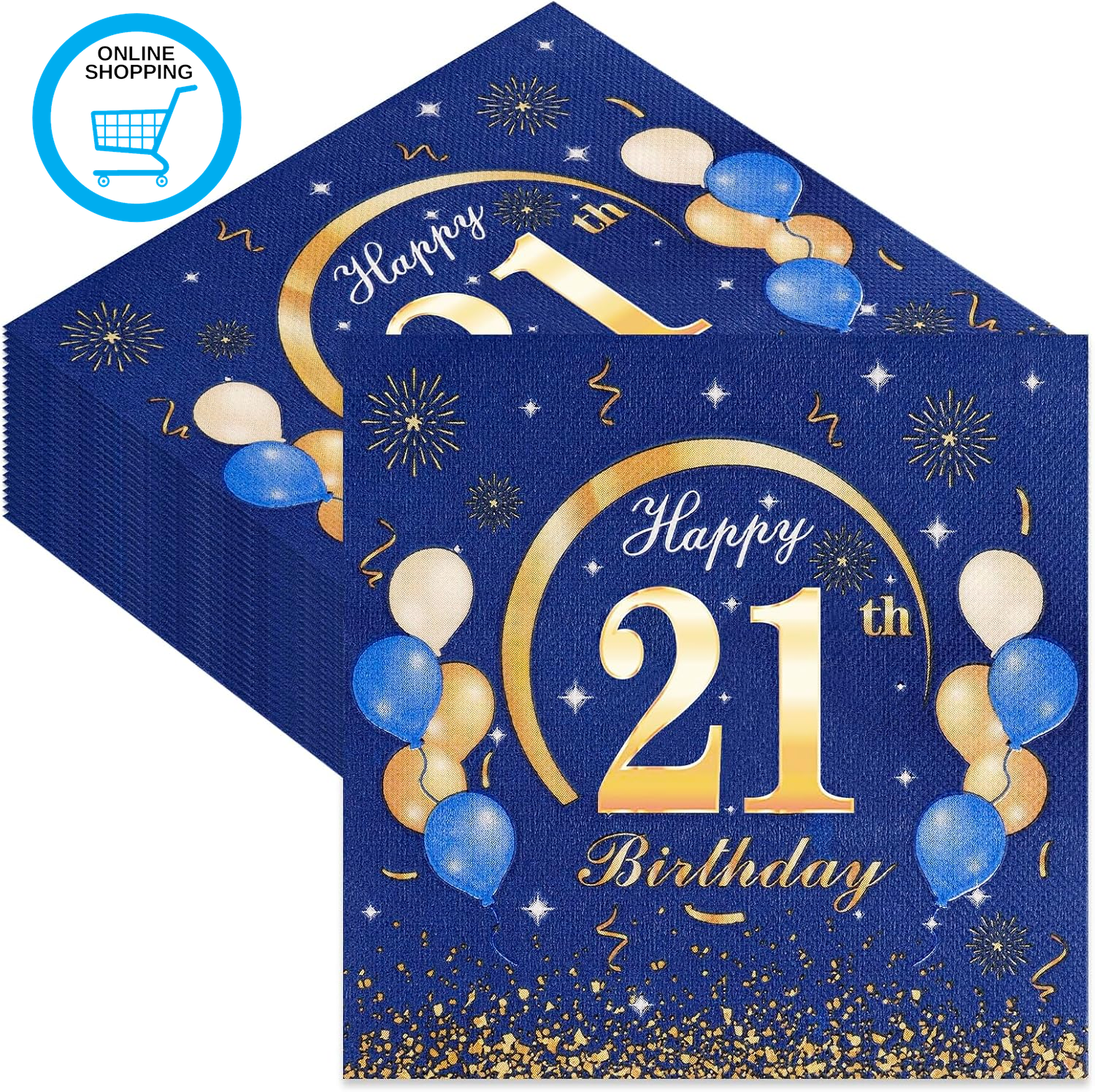40Pcs 21St Birthday Paper Napkins, Blue Gold 21St Birthday Decorations, Disposab