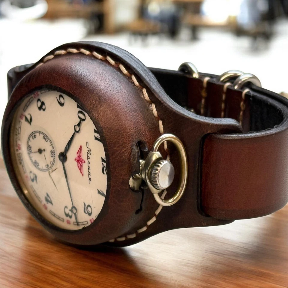 VINTAGE Molniya Pocket Watch Mechanical Soviet Ship Leather Case Russian USSR. - Image 3 of 4