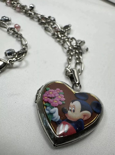 Collana Disney Topolino Cuore Medaglione Tono Argento Blu Rosa Strass 16" - Foto 4 di 7