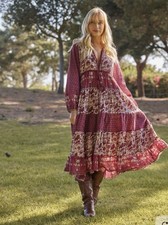 Blue Boheme OKayla Printed Long Dress Patchwork Burgundy Maxi Boho S M