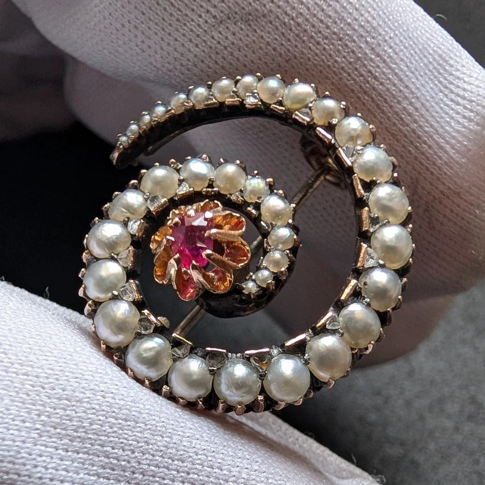 Victorian Brosche 18k 750 Gold Perle Rubin Diamant alt antik c. 1900 - Bild 3 von 4