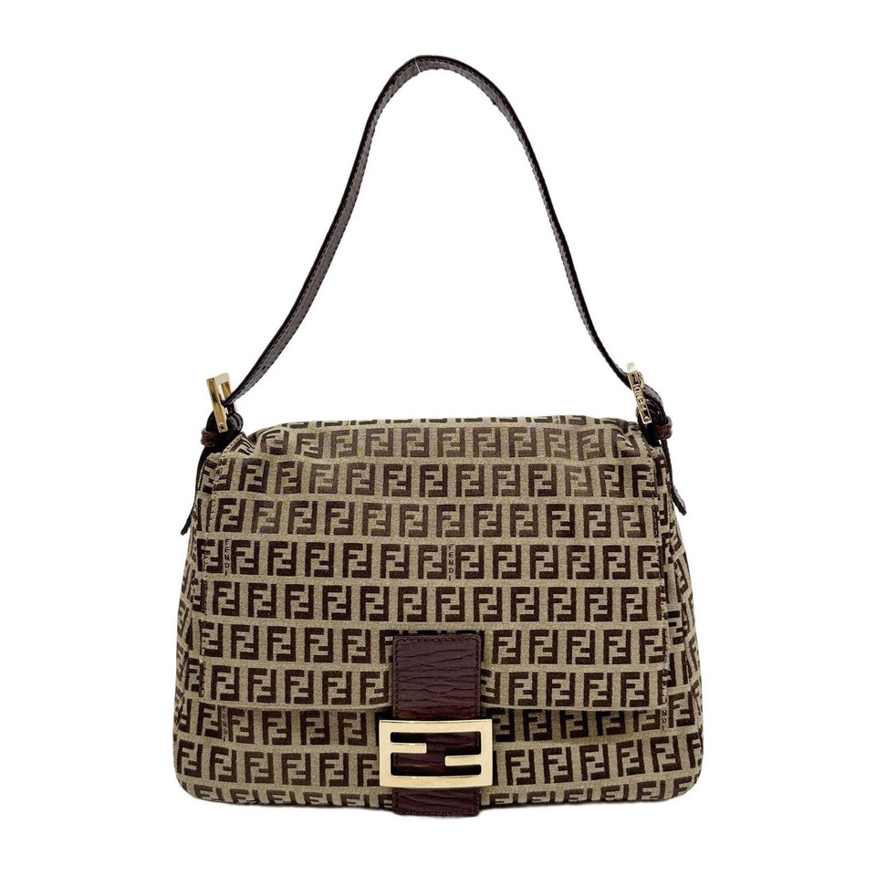 FENDI Mamma Baguette Brown Zucchino Canvas Shoulder Bag