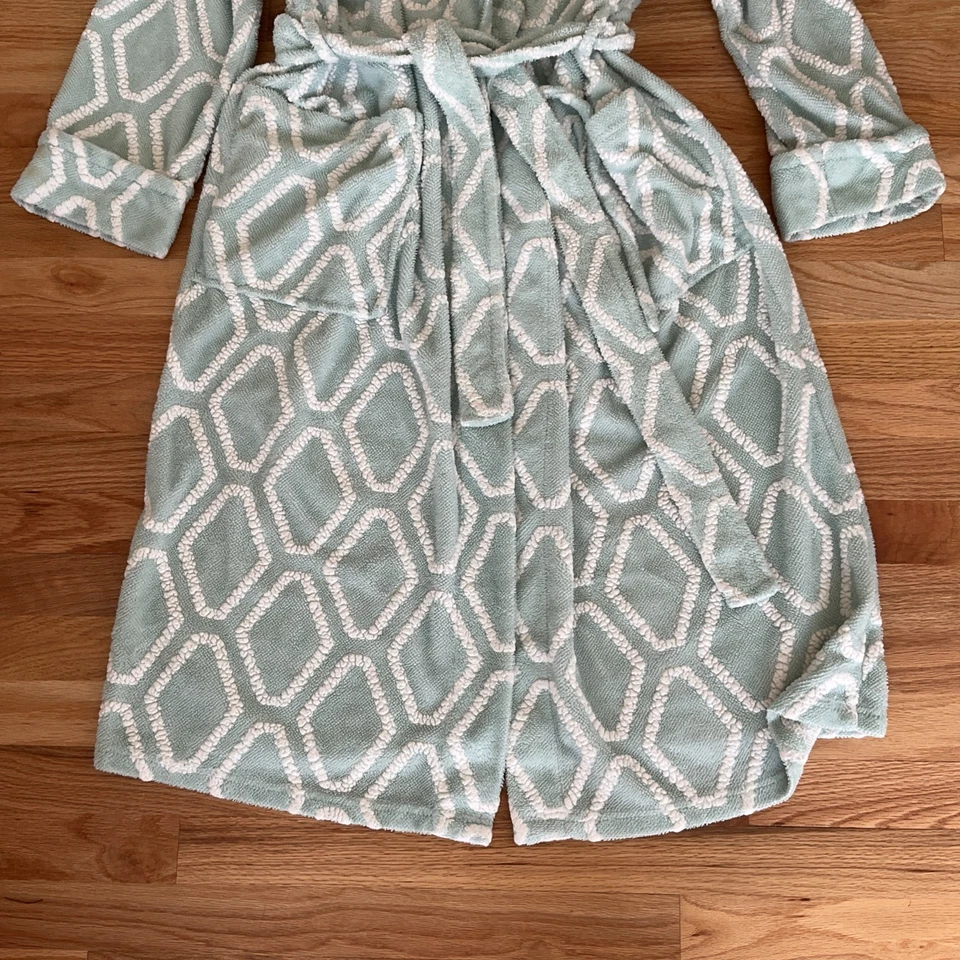 女式长袍薄荷蓝色和白色浴袍法国毛圈包裹茉莉玫瑰 M 码 — 第 4/4 张图片