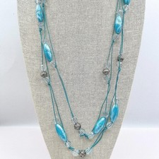 Vintage Y2K Teal Blue Beaded Necklace Boho Cord Statement Women's Jewelry