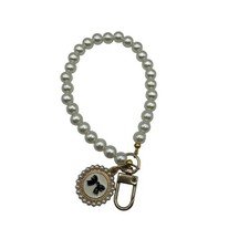 Pearl Beaded Keychain Wristlet With Bow Charm Gold Accent