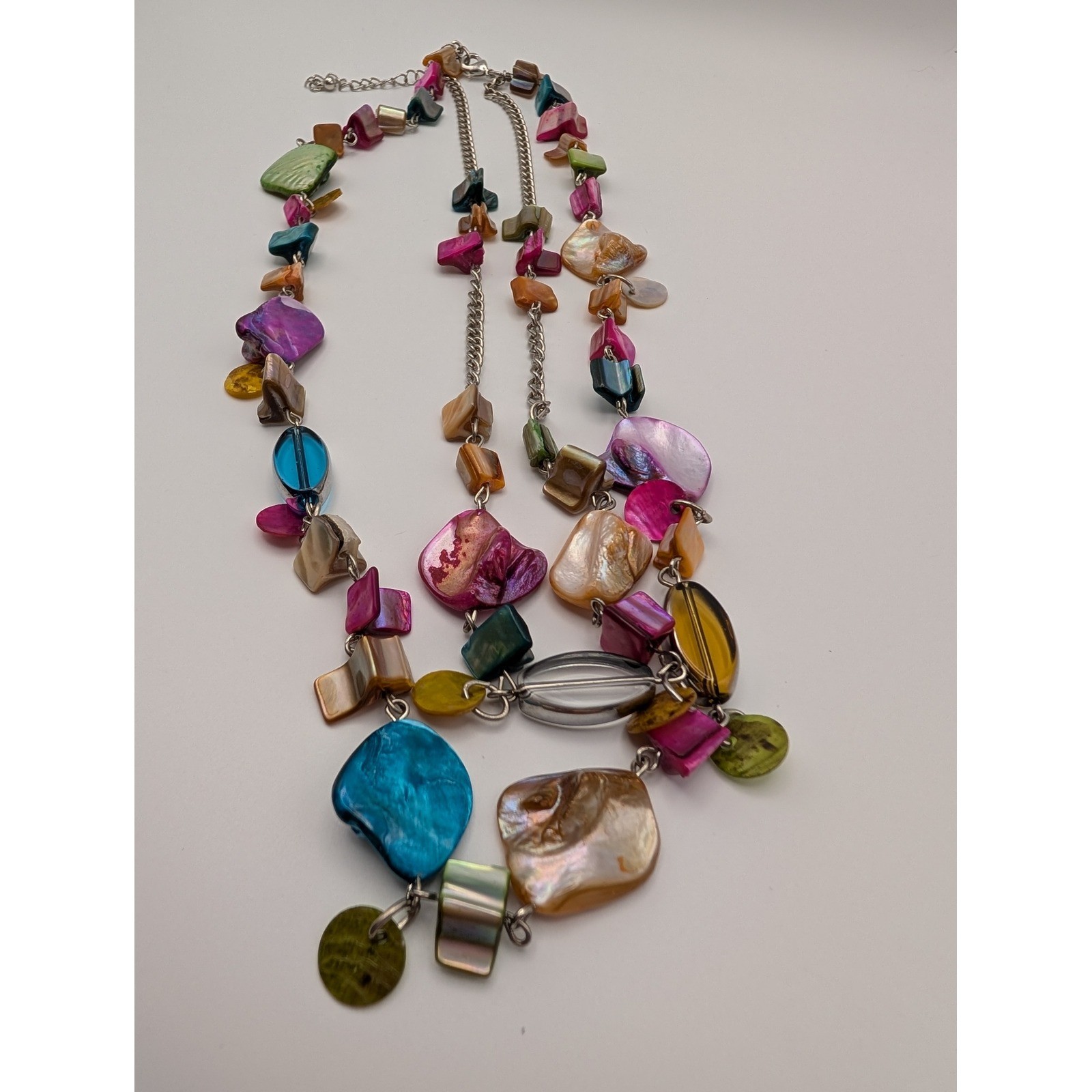 Statement Necklace Colorful Shells Silver Tone Ch… - image 1