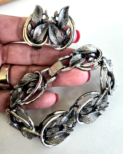 Set orecchini vintage pannello link foglie vite tono argento bracciale 7-5/8" e clip - Foto 2 di 9