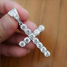 2 CT Round Brilliant Cut Cross Moissanite Wedding Pendant Solid 14K White Gold