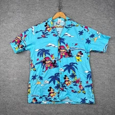 Vintage Barefoot In Paradise Mens Large Blue Disney Mickey Mouse Hawaiian Shirt