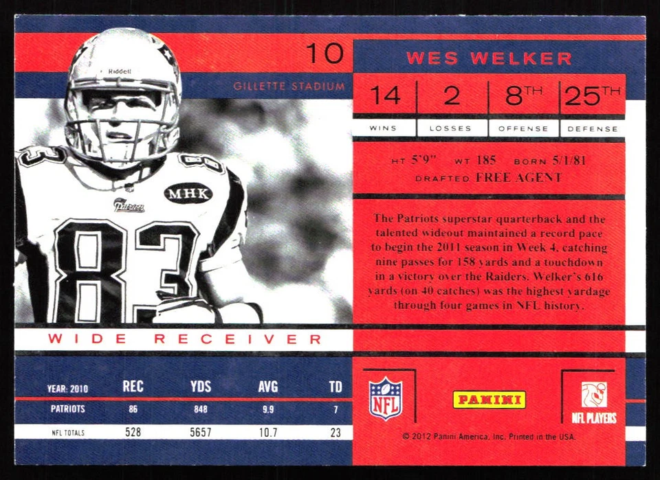 2011 Playoff Contenders #10 Wes Welker - Image 2 of 2