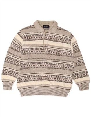 Malagrida Mens Polo Neck Jumper Sweater Large Grey Fair Isle Cotton BO33