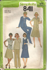 SIMPLICITY 8411 MISSES' SIZE 22 SKIRT, PANTS, TOP, JACKETS SEWING PATTERN 1977