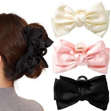 3 PCS Large Bow Hair Claw Clips Satin Bow Claw Clip for Women Girl with Long ...