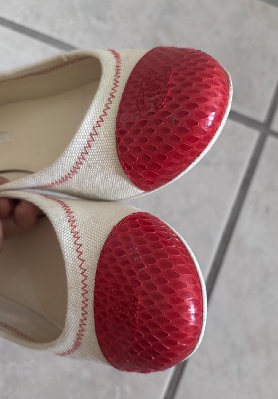 chanel ballet flats white canvas red python snake… - image 2