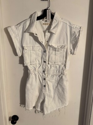 Women ''BLANKNTS'' white, short sleeve snap up, cut off romper. Size L.  $59.99
