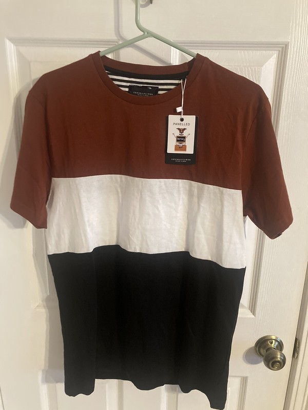 Denim & Flower Ricky Singh Mens Striped Tee T-shirt Top Size M Brown White Black