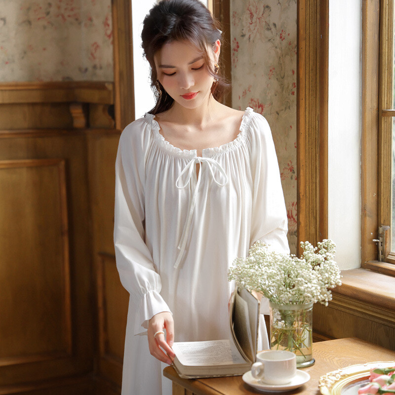 Spring and Autumn Women's Sleeping Dress Vintage Loose Lace Long Sleeve