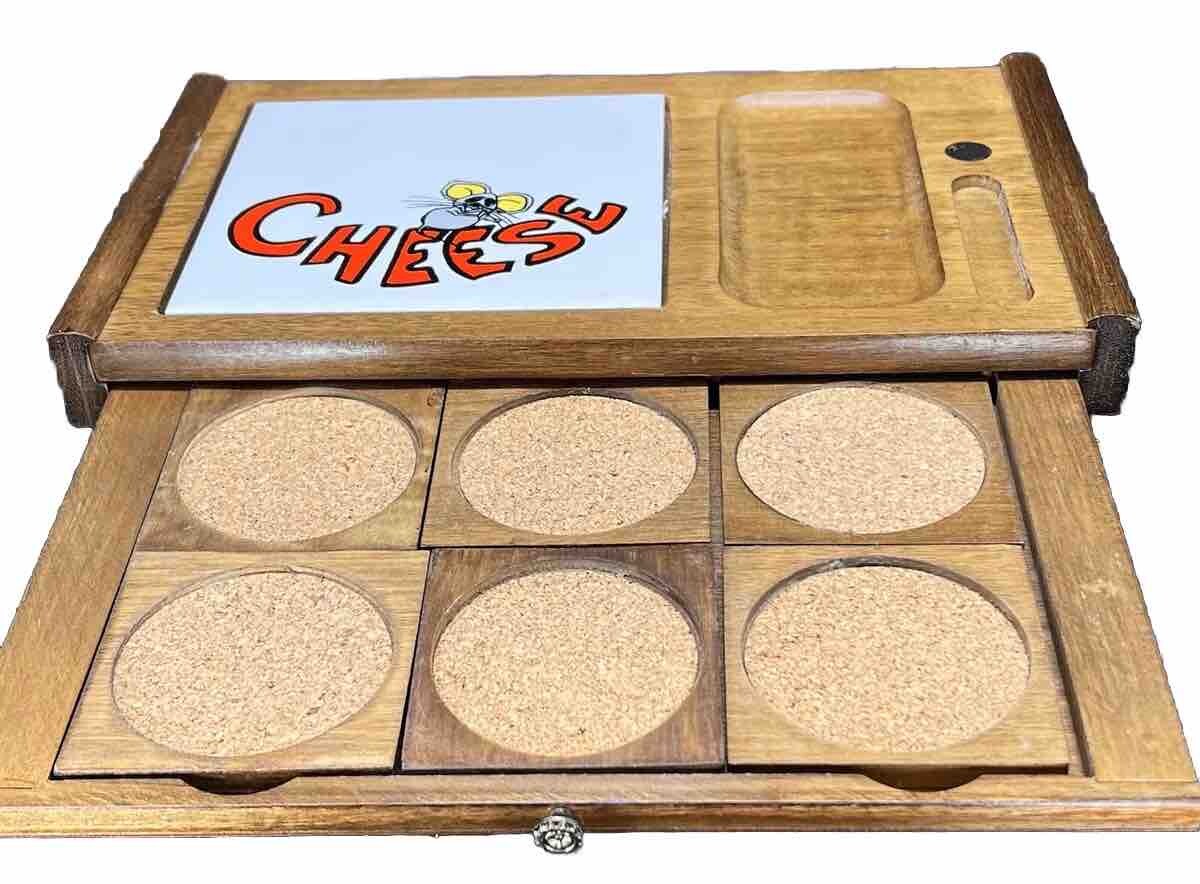 Cutting Board Cheese Tile Wood Drawer & Coasters Mouse Charcuterie Vintage-image
