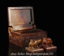 5.2" Antique Chinese Shang Dynasty Hetian Jade Nephrite Dragon Seal Box Set