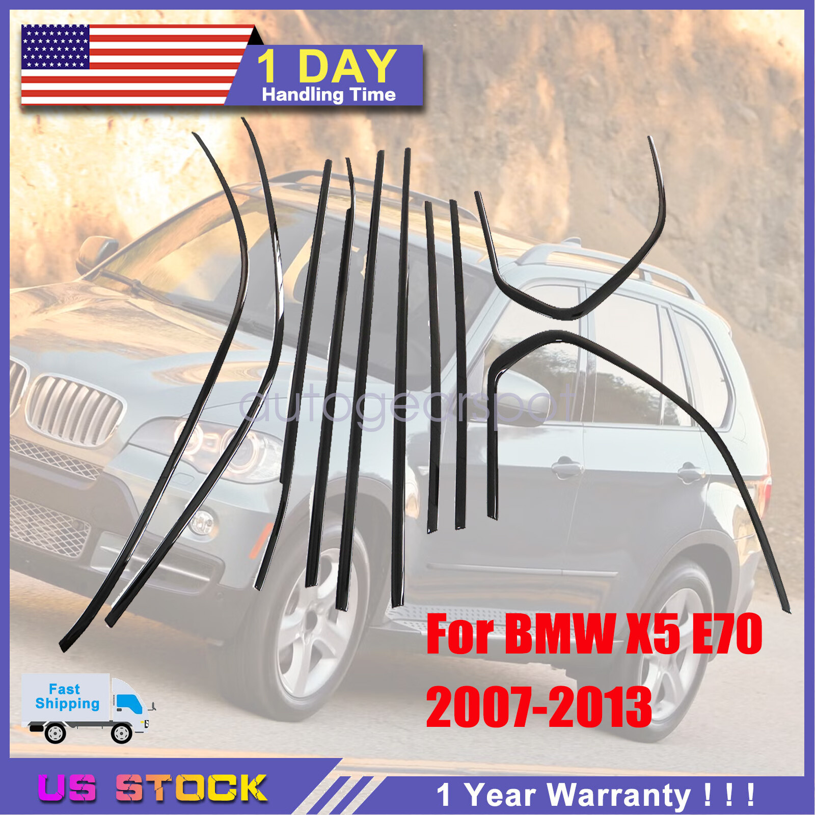 For BMW X5 E70 2007-2013 Gloss Black Window Molding Trim Strips Stainless Steel