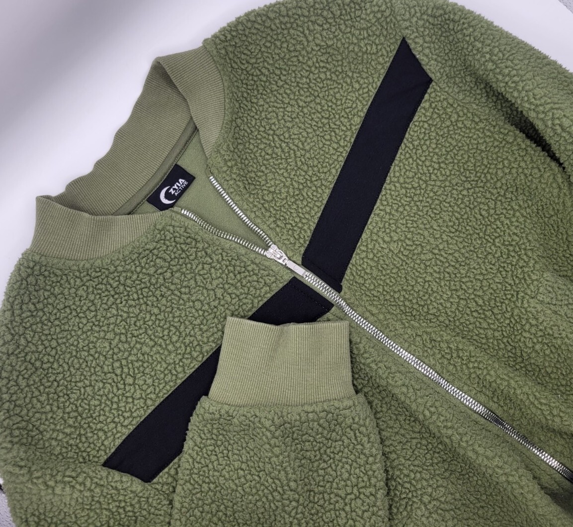 ZYIA Active Women's Olive Zip Up Flying V Fleece Jacket - SZ M GUC