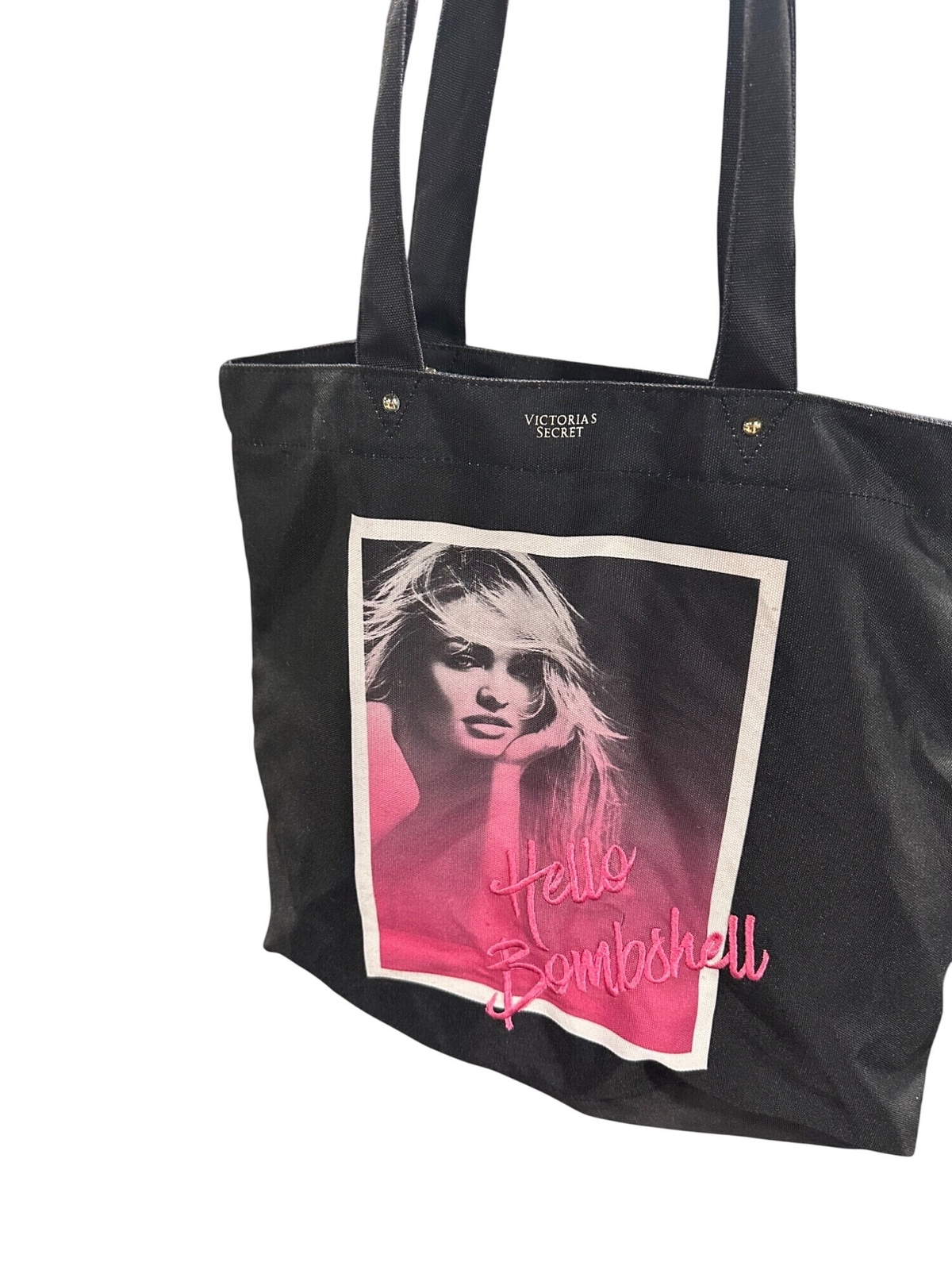 Victoria Secret Black Canvas Tote with Hello Bombshell Pink Design