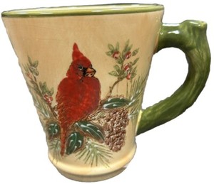 2 Handpainted Ceramic Mugs with 'Cardinal on Pine Branch' Motif by Pacific Rim R
