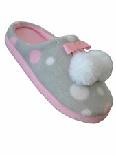 Girls Gray Pink Polka Dot Slippers Pom Pom House Shoes 11-12