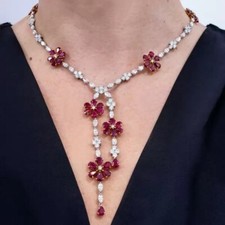 43Ctw Lab Created Ruby  Diamond 14k White Gold Plated Flower Statement Necklace