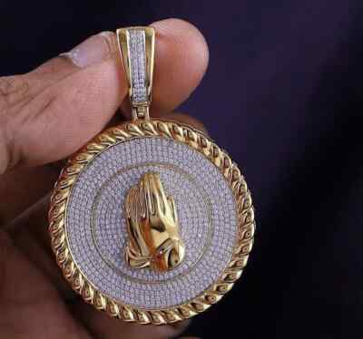2.50 Ct Round Cut Real Moissanite 14K Yellow Gold Plated Praying Hand Pendant