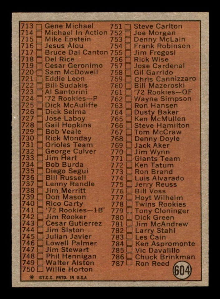 1972 Topps Baseball #604 6th Series Checklist (657-787) NM *d4 | eBay