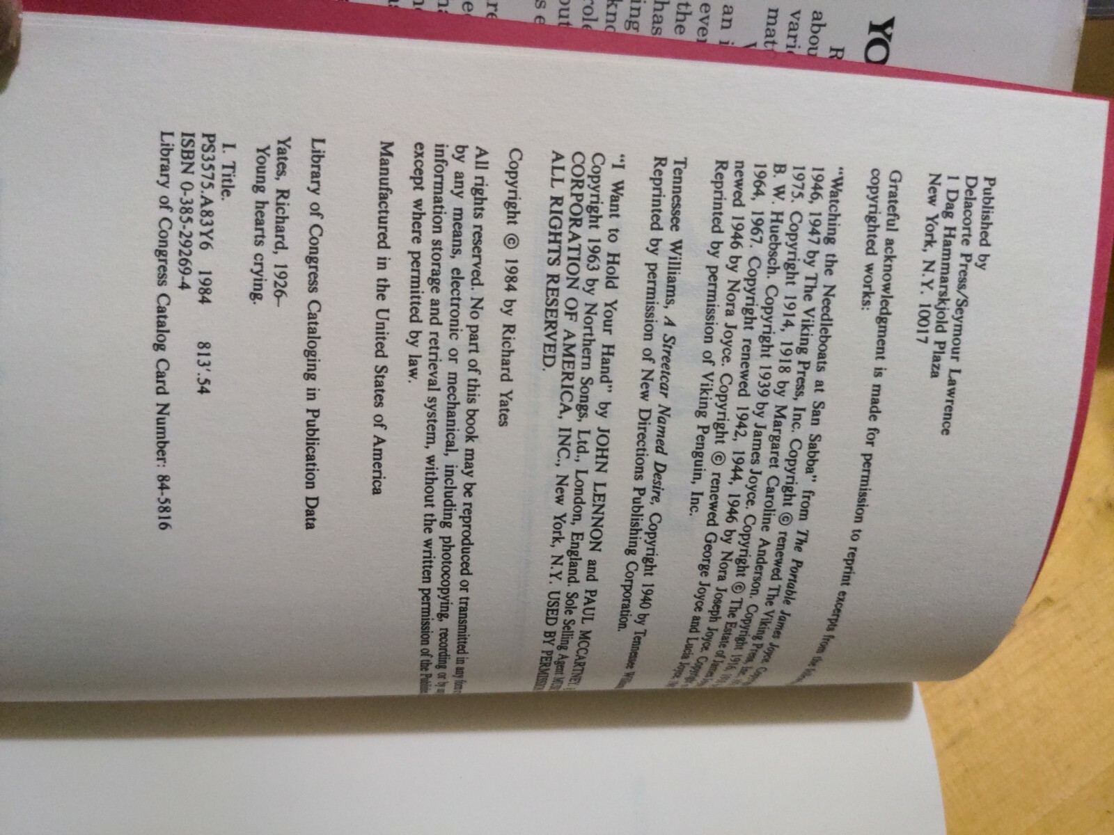 Young Hearts Crying by Richard Yates 1984 HCDJ eBay