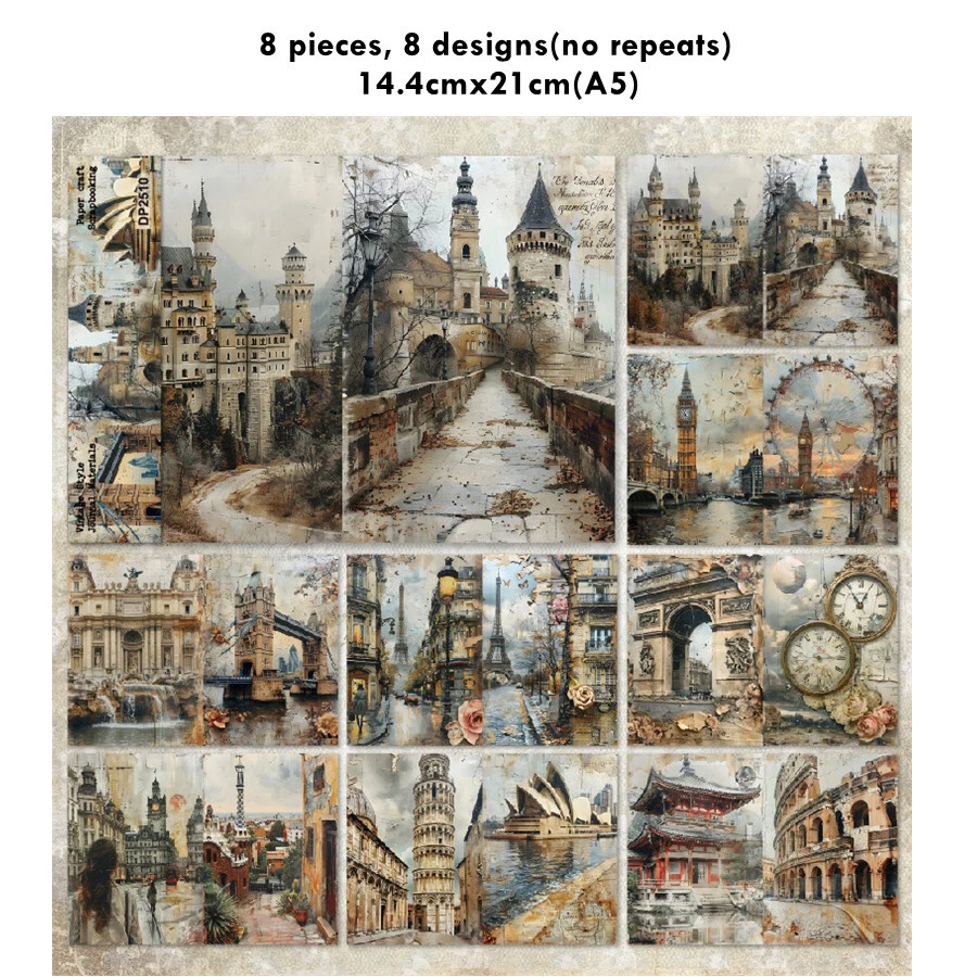 8Pcs Retro Buildings Paper Decor A5 Scrapbook Card Making Journal Album Crafts - Image 3 of 4
