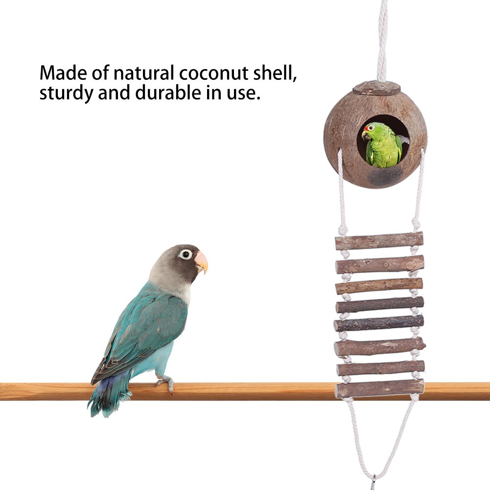 Natural Coconut Shell Bird Pet House With Rope Ladder