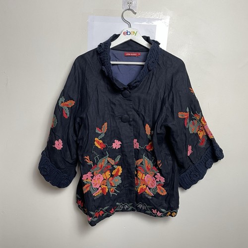Lorna Murray Navy Linen Jacket AUS 14 Embroidered Boho Floral Button Coat