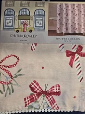 Cynthia Rowley  Shower Curtain Candy Cane bows Christmas holiday pom trim 72x72