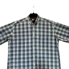 Tommy Hilfiger Y2K Plaid Button Down Shirt L Blue Gray Check Classic Cotton