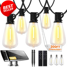 200FT Solar String Lights Outdoor Waterproof Remote 62 ST38 Edison Bulbs - US