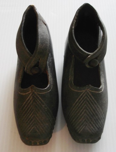 Antique 1800's Lancashire Clogs Shoes Child Leather Wood Metal Etched Design