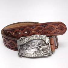 1983 Siskiyou Belt Buckle Montana Elk Deer Hunting Tooled Leather Size 34-36