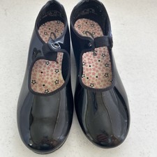 CAPEZIO Girl's Tap Shoes Black Size 1M TeleTone Tap Patent N625C Elastic EUC