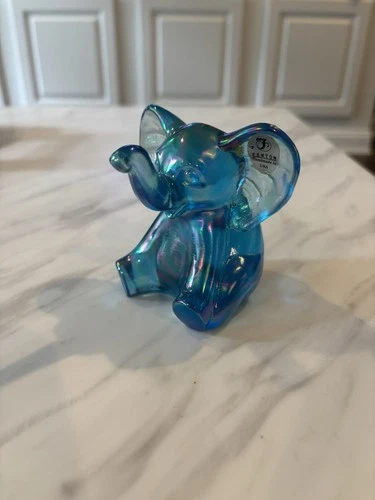 Fenton Art Glass Celeste Blue Satin Elephant Figurine – Iridescent (Small chip)