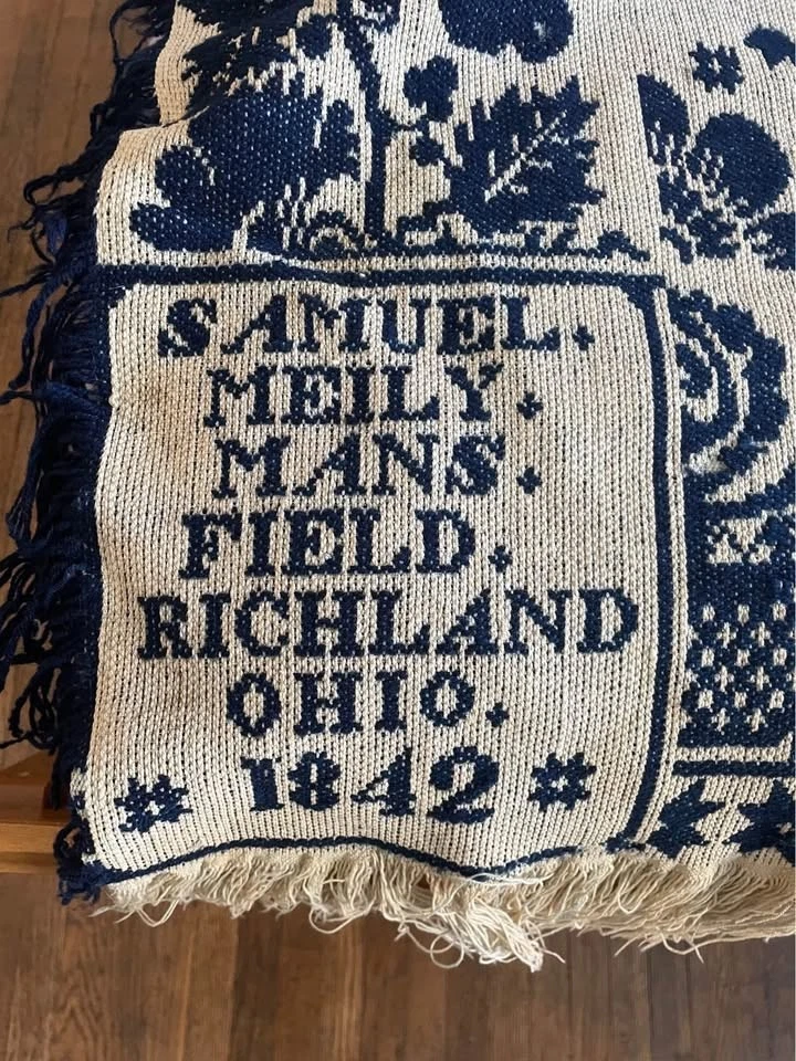 Samuel Meily, 1842, Mansfield, Ohio, Blue & White Coverlet, 78" Long x 69" Wide - Image 4 of 4
