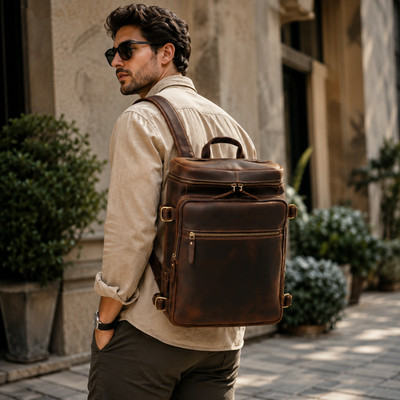 Brown Leather Laptop Backpack 17.5'' Travel Business Rucksack for Men