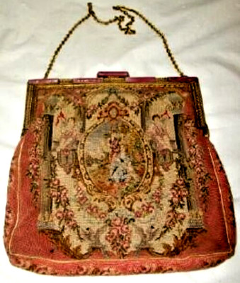 Antique French Micro Petit Point Purse Cherubs Roses 1890s Austrian Crystal Pink