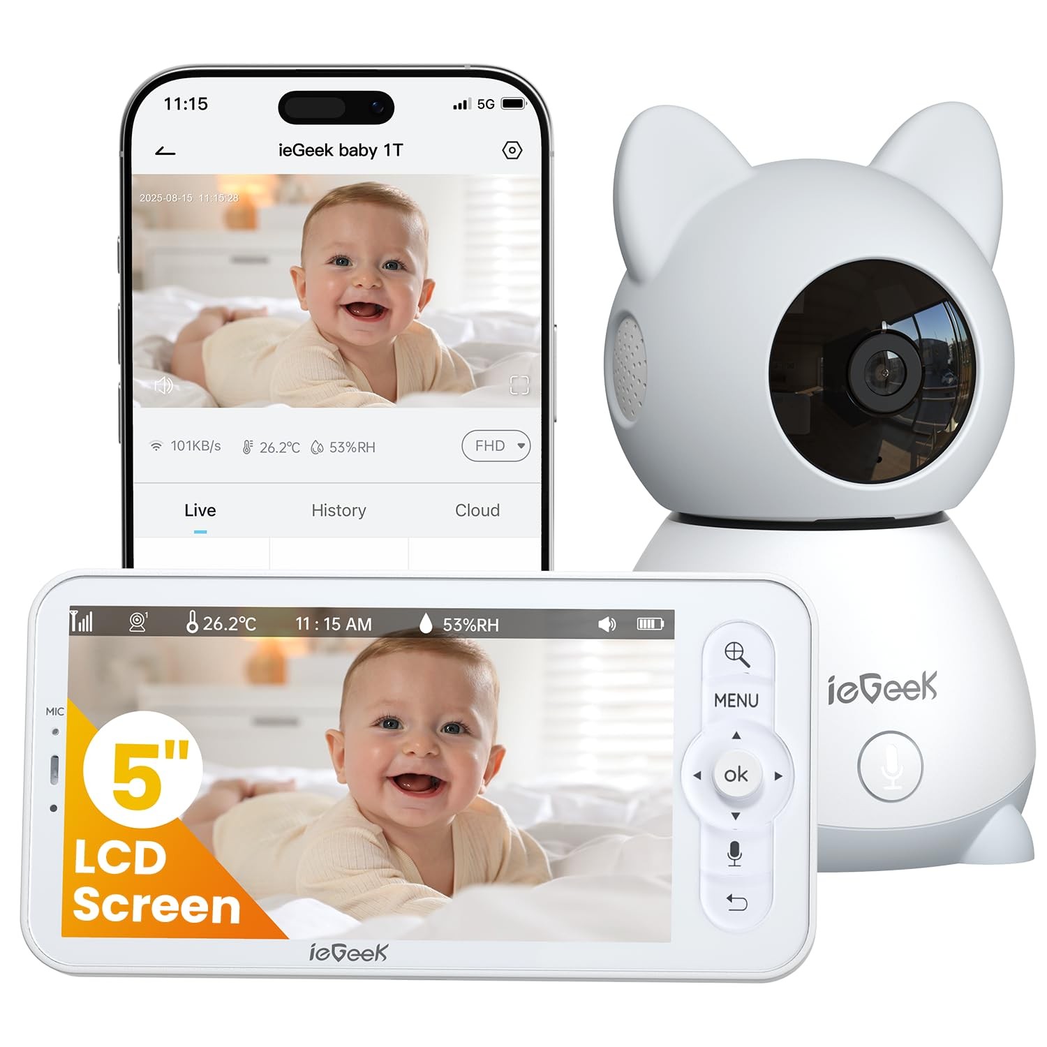 ieGeek Baby Monitor: 5" HD Screen, 2K Camera, Night Vision, 