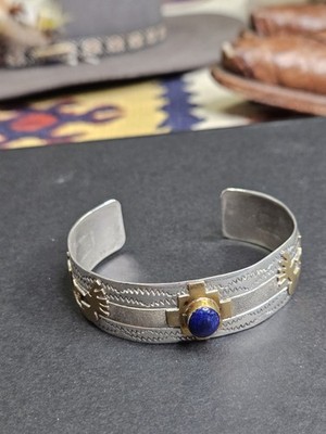 Sterling Silver and 12K Gold Filled Native American US Cuff Bracelet Blue Stone