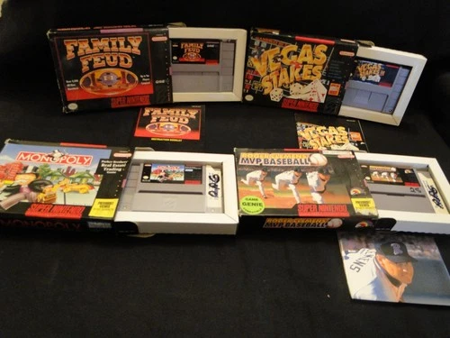 Lot Of 4 Snes Games With Boxes: Vegas Stakes-Family Feud-Monopoly-Roger Clemens