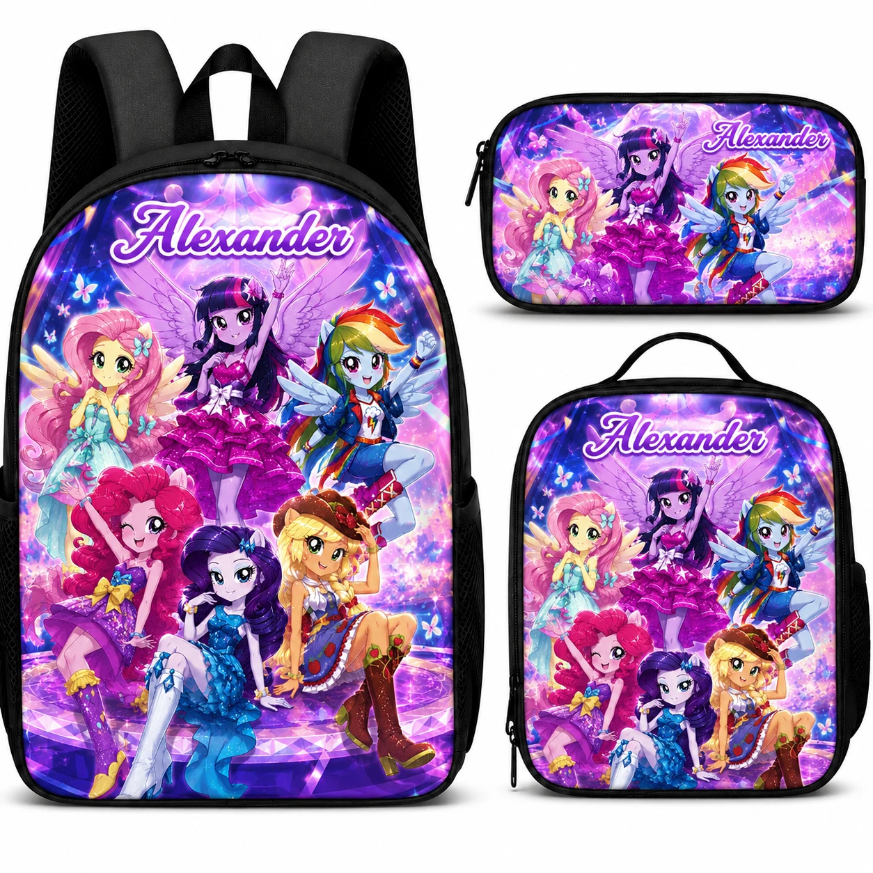 Personalized Girls School Bag Set 3Pcs Magic Princess Friends Lunch Bag Case